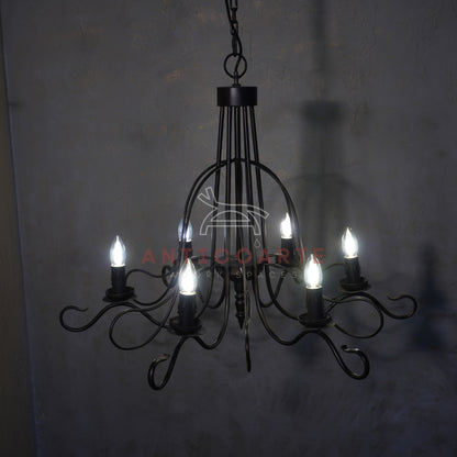 AnticoArte 6-Arm Black Iron Scroll Chandelier | Hand-Forged Witch Hat Cage Candelabra Ceiling Light | Gothic Industrial Chandelier for Dining Room, Living Room & Heritage Hotel Décor
