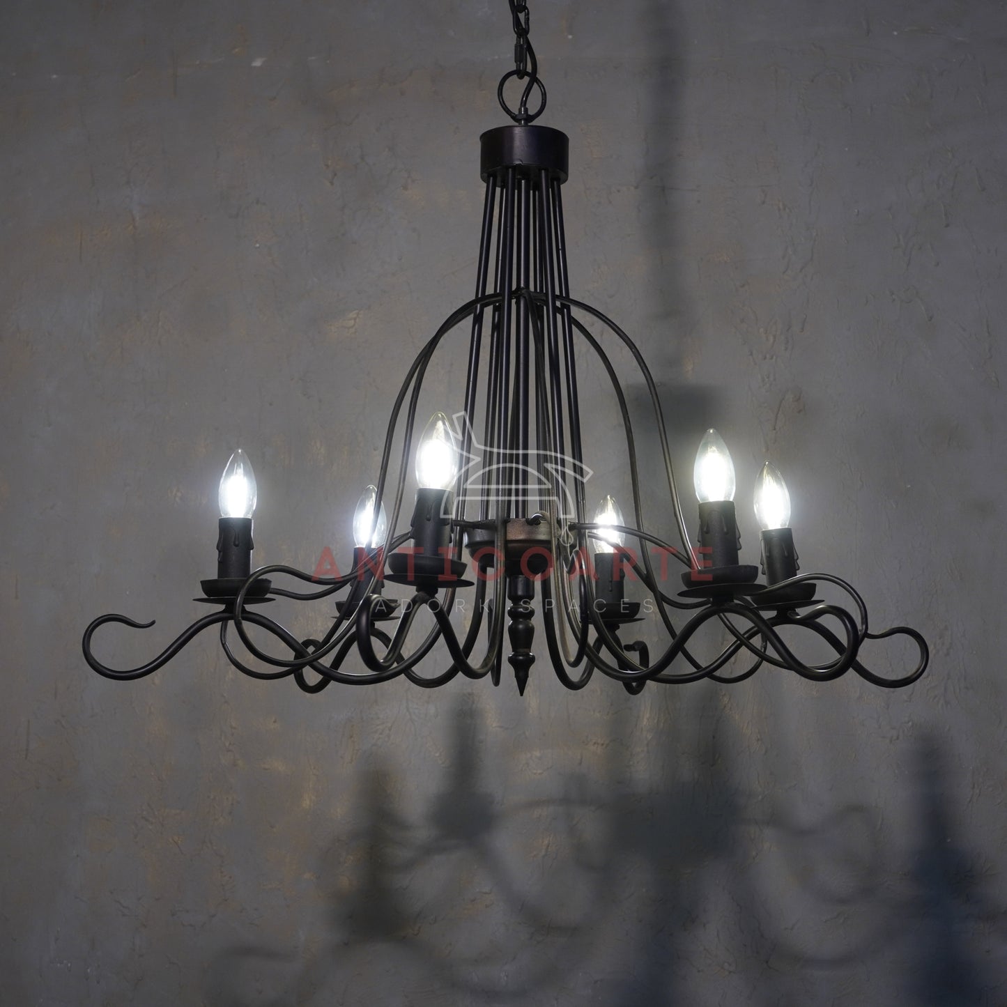 AnticoArte 6-Arm Black Iron Scroll Chandelier | Hand-Forged Witch Hat Cage Candelabra Ceiling Light | Gothic Industrial Chandelier for Dining Room, Living Room & Heritage Hotel Décor