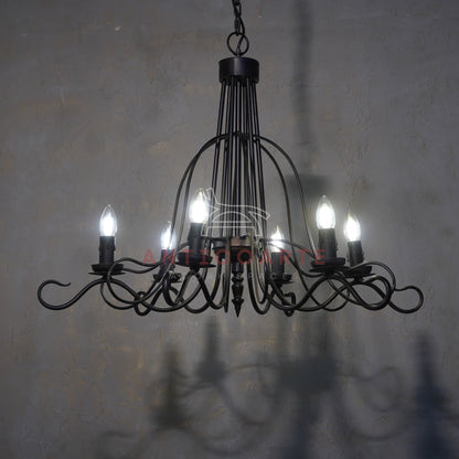 AnticoArte 6-Arm Black Iron Scroll Chandelier | Hand-Forged Witch Hat Cage Candelabra Ceiling Light | Gothic Industrial Chandelier for Dining Room, Living Room & Heritage Hotel Décor