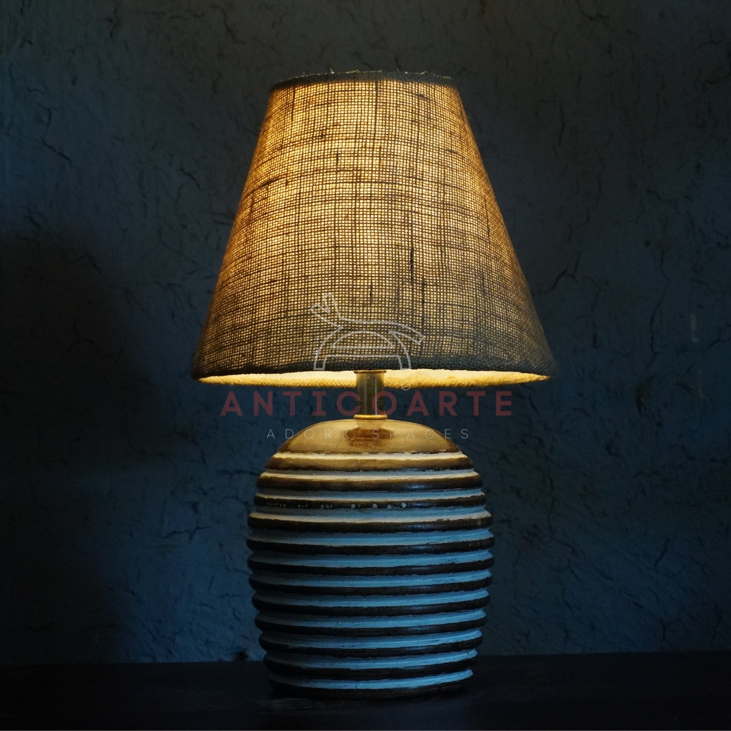 AnticoArte Ribbed Wooden Table Lamp | Textured Burlap Tapered Shade Bedside Lamp | Hand-Carved Grooved Barrel Base Light for Rustic & Boho Decor