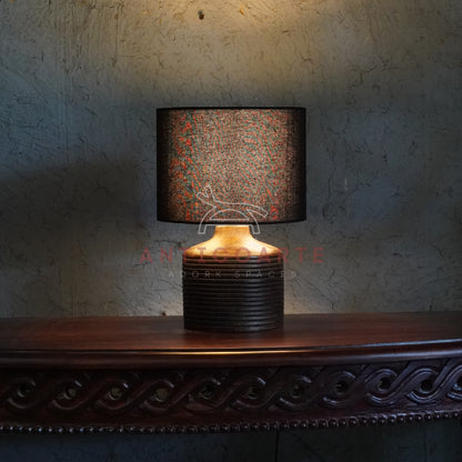 AnticoArte Ribbed Wood Table Lamp | Black Drum Shade Bedside Lamp | Hand-Turned Grooved Wooden Base Table Light for Home & Hotel Decor