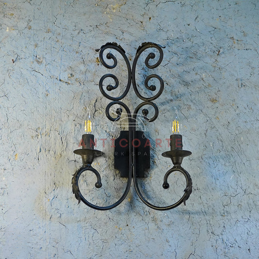 AnticoArte Double Candle Wall Sconce | Wrought Iron Twin Arm Candelabra Wall Lamp | Gothic Medieval Antique Black Wall Light for Home & Hotel Décor
