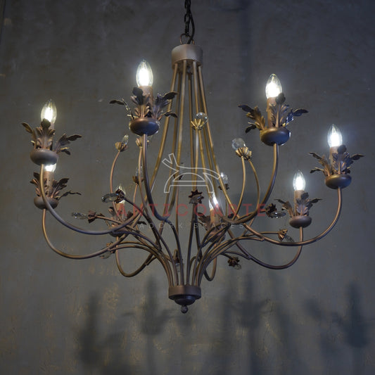 AnticoArte 8-Arm Antique Bronze Botanical Crystal Chandelier | Hand-Forged Iron Leaf & Crystal Candelabra Ceiling Light | Italian Renaissance Floral Chandelier for Dining Room & Heritage Hotel Décor