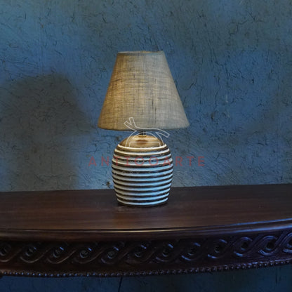 AnticoArte Ribbed Wooden Table Lamp | Textured Burlap Tapered Shade Bedside Lamp | Hand-Carved Grooved Barrel Base Light for Rustic & Boho Decor