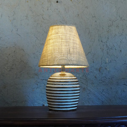 AnticoArte Ribbed Wooden Table Lamp | Textured Burlap Tapered Shade Bedside Lamp | Hand-Carved Grooved Barrel Base Light for Rustic & Boho Decor