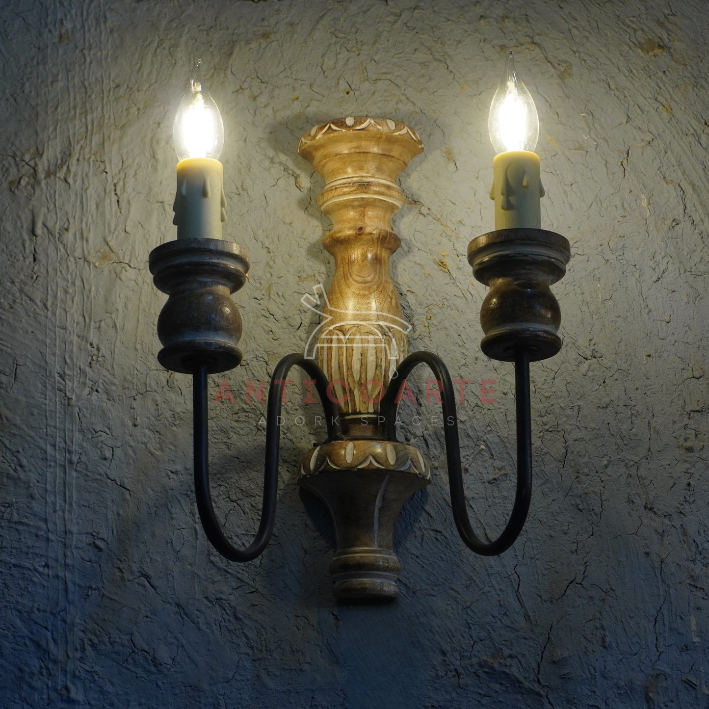 AnticoArte Twin Candle Wall Sconce | Hand-Carved Mango Wood & Wrought Iron Candelabra Wall Lamp | Baroque Colonial Antique Wall Light for Home & Hotel Decor