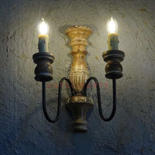 AnticoArte Twin Candle Wall Sconce | Hand-Carved Mango Wood & Wrought Iron Candelabra Wall Lamp | Baroque Colonial Antique Wall Light for Home & Hotel Decor