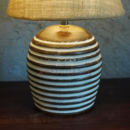 AnticoArte Ribbed Wooden Table Lamp | Textured Burlap Tapered Shade Bedside Lamp | Hand-Carved Grooved Barrel Base Light for Rustic & Boho Decor