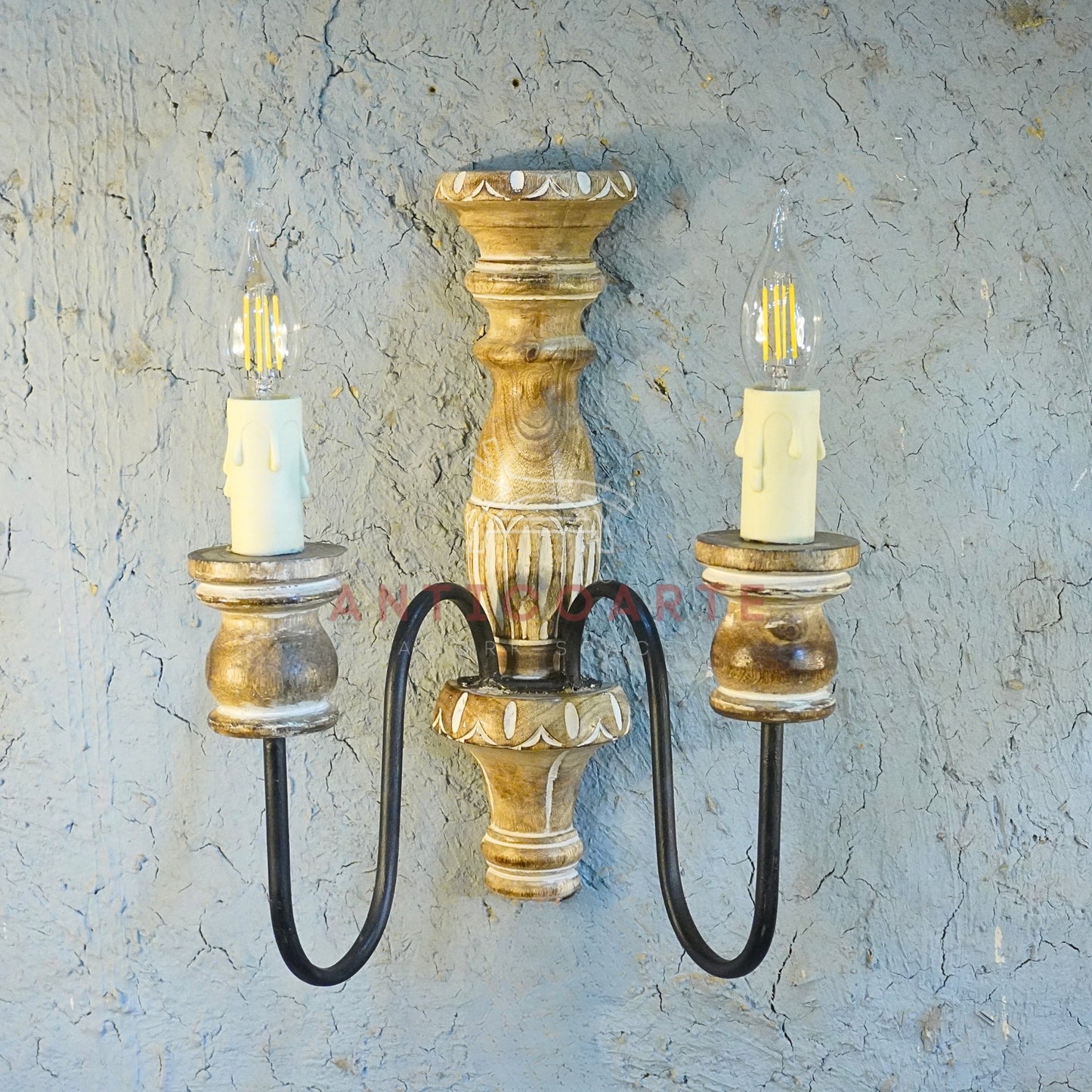 AnticoArte Twin Candle Wall Sconce | Hand-Carved Mango Wood & Wrought Iron Candelabra Wall Lamp | Baroque Colonial Antique Wall Light for Home & Hotel Decor