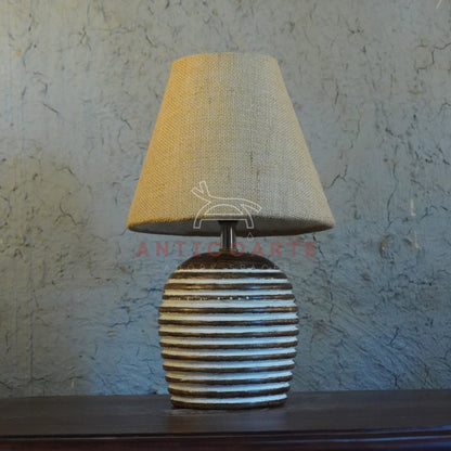 AnticoArte Ribbed Wooden Table Lamp | Textured Burlap Tapered Shade Bedside Lamp | Hand-Carved Grooved Barrel Base Light for Rustic & Boho Decor