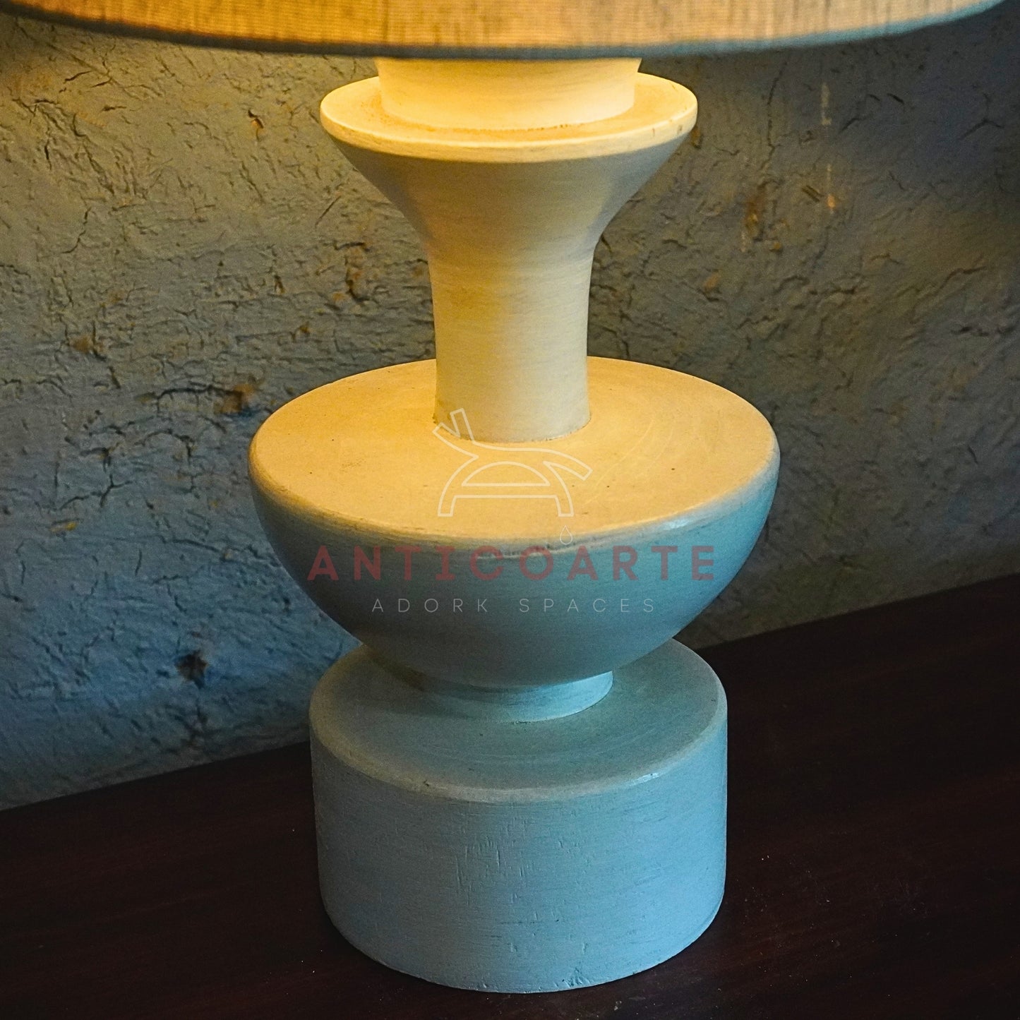AnticoArte Sculptural Stacked Geometric Table Lamp | Matte Dusty Blue Finish with Natural Linen Shade | Mid-Century Modern Totem Bedside Light for Home & Hotel Decor