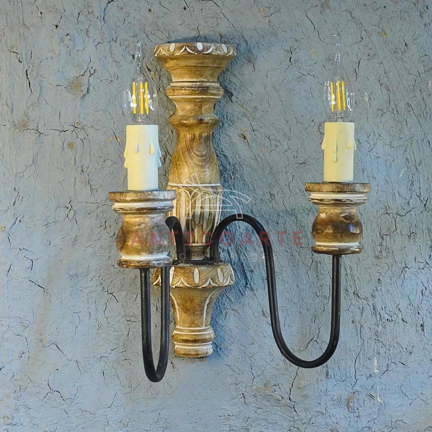 AnticoArte Twin Candle Wall Sconce | Hand-Carved Mango Wood & Wrought Iron Candelabra Wall Lamp | Baroque Colonial Antique Wall Light for Home & Hotel Decor