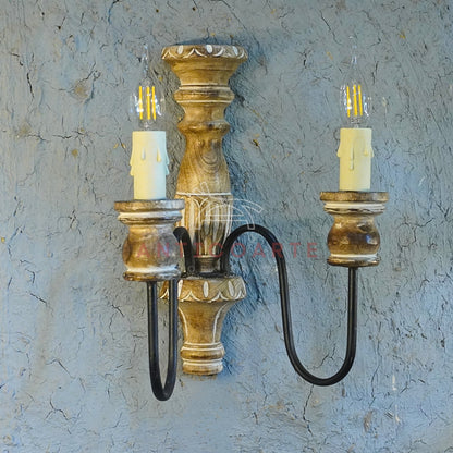 AnticoArte Twin Candle Wall Sconce | Hand-Carved Mango Wood & Wrought Iron Candelabra Wall Lamp | Baroque Colonial Antique Wall Light for Home & Hotel Decor