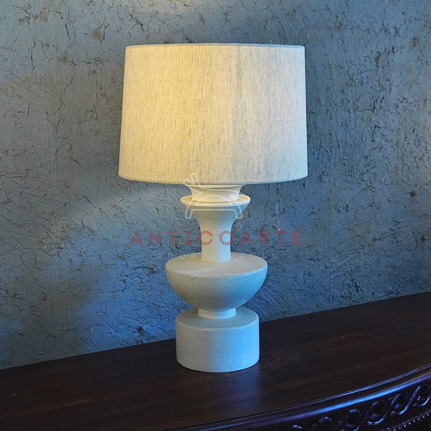 AnticoArte Sculptural Stacked Geometric Table Lamp | Matte Dusty Blue Finish with Natural Linen Shade | Mid-Century Modern Totem Bedside Light for Home & Hotel Decor