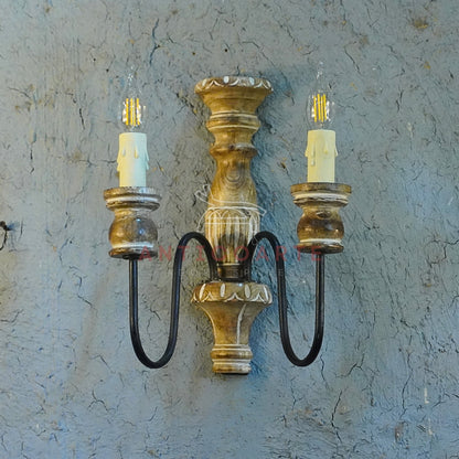 AnticoArte Twin Candle Wall Sconce | Hand-Carved Mango Wood & Wrought Iron Candelabra Wall Lamp | Baroque Colonial Antique Wall Light for Home & Hotel Decor