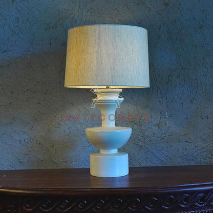AnticoArte Sculptural Stacked Geometric Table Lamp | Matte Dusty Blue Finish with Natural Linen Shade | Mid-Century Modern Totem Bedside Light for Home & Hotel Decor