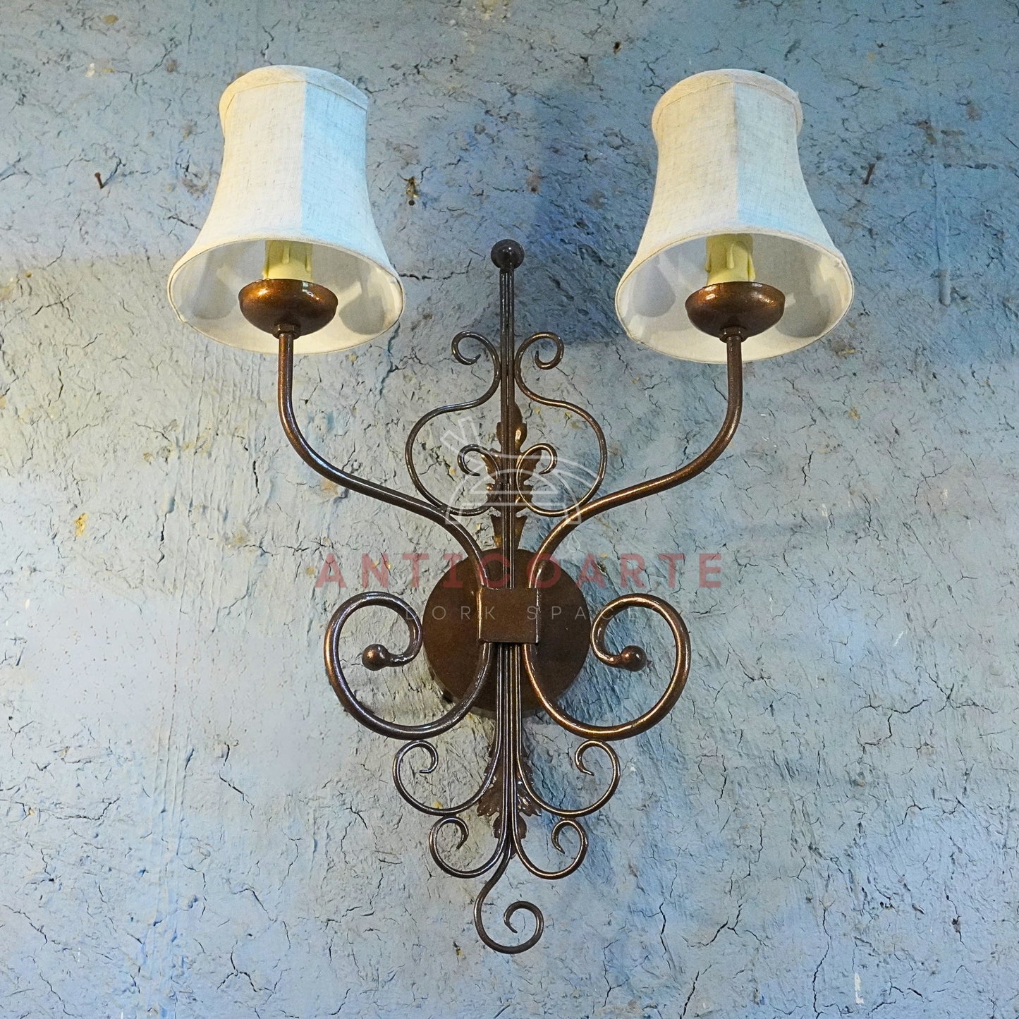 AnticoArte Victorian Twin Arm Wall Sconce | Bronze Wrought Iron Double Linen Shade Wall Lamp | Ornate Scroll Antique Wall Light for Home & Hotel Decor