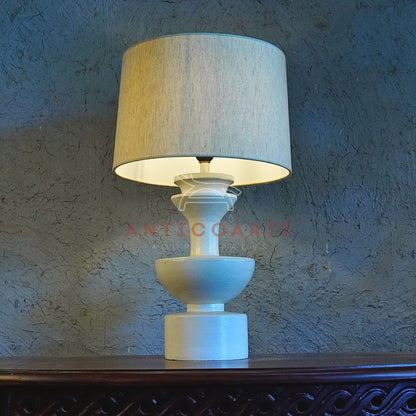 AnticoArte Sculptural Stacked Geometric Table Lamp | Matte Dusty Blue Finish with Natural Linen Shade | Mid-Century Modern Totem Bedside Light for Home & Hotel Decor