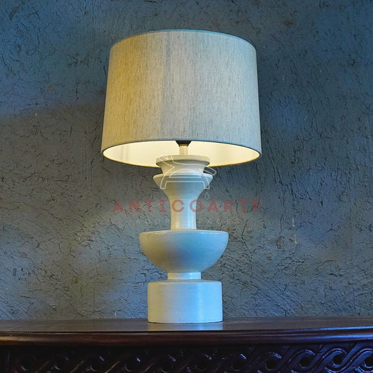 AnticoArte Sculptural Stacked Geometric Table Lamp | Matte Dusty Blue Finish with Natural Linen Shade | Mid-Century Modern Totem Bedside Light for Home & Hotel Decor