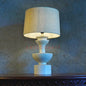 AnticoArte Sculptural Stacked Geometric Table Lamp | Matte Dusty Blue Finish with Natural Linen Shade | Mid-Century Modern Totem Bedside Light for Home & Hotel Decor
