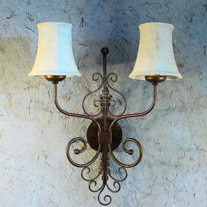 AnticoArte Victorian Twin Arm Wall Sconce | Bronze Wrought Iron Double Linen Shade Wall Lamp | Ornate Scroll Antique Wall Light for Home & Hotel Decor