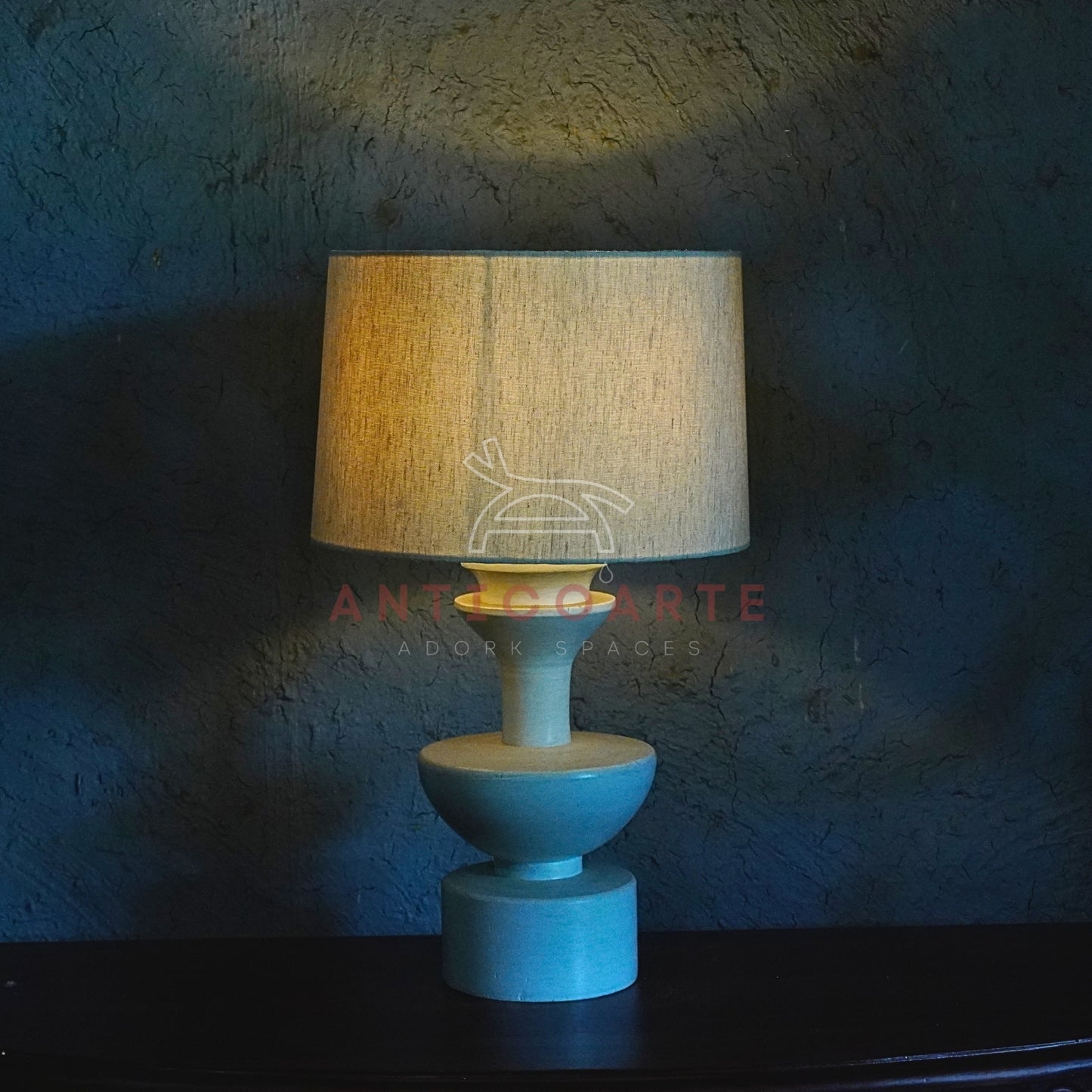 AnticoArte Sculptural Stacked Geometric Table Lamp | Matte Dusty Blue Finish with Natural Linen Shade | Mid-Century Modern Totem Bedside Light for Home & Hotel Decor