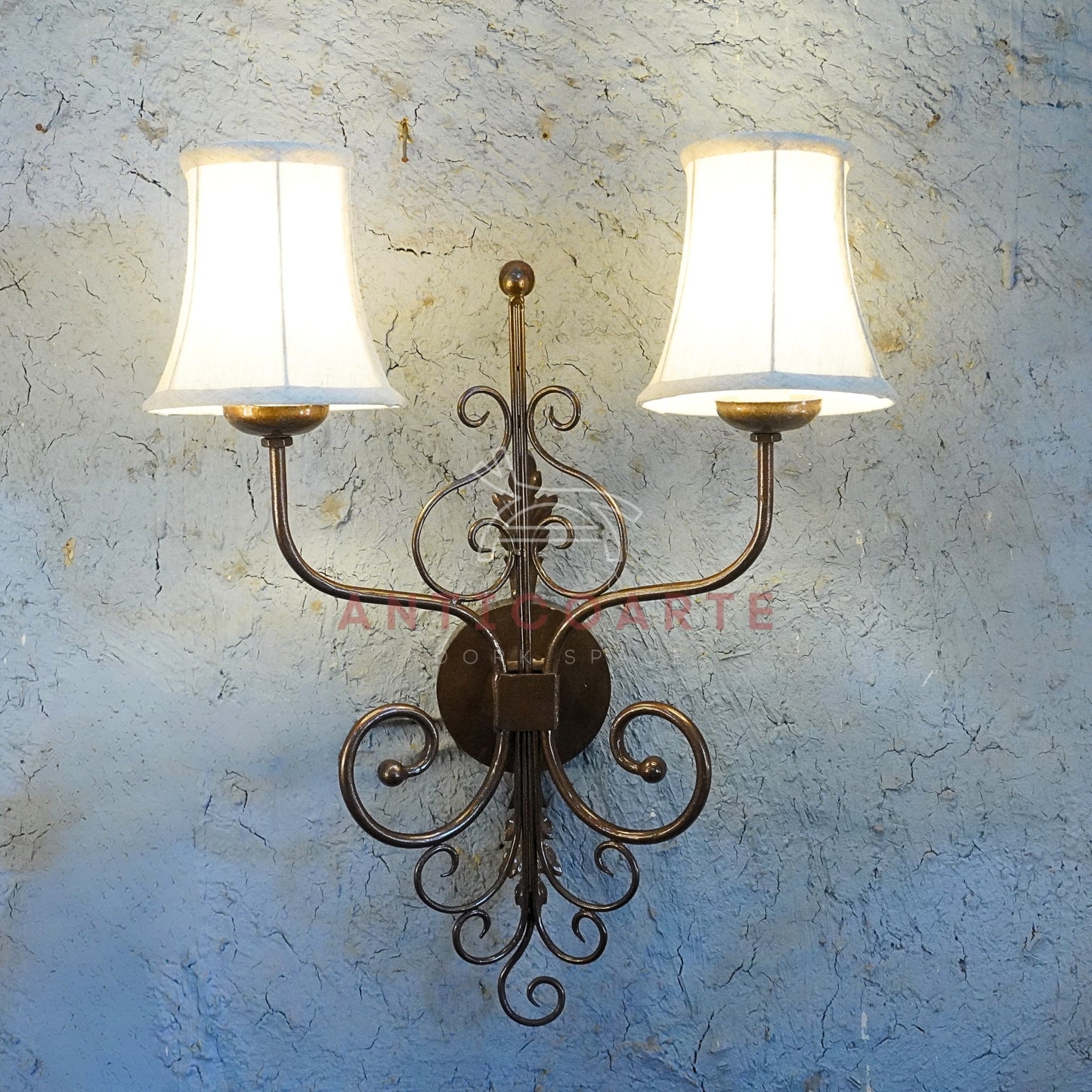 AnticoArte Victorian Twin Arm Wall Sconce | Bronze Wrought Iron Double Linen Shade Wall Lamp | Ornate Scroll Antique Wall Light for Home & Hotel Decor