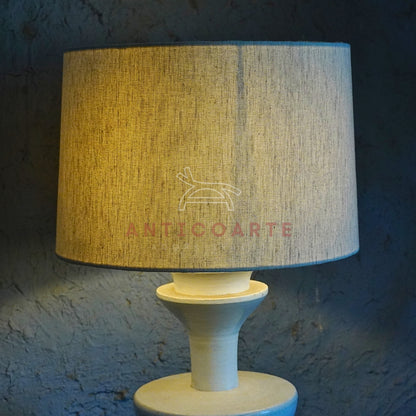 AnticoArte Sculptural Stacked Geometric Table Lamp | Matte Dusty Blue Finish with Natural Linen Shade | Mid-Century Modern Totem Bedside Light for Home & Hotel Decor