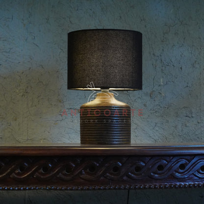 AnticoArte Ribbed Wood Table Lamp | Black Drum Shade Bedside Lamp | Hand-Turned Grooved Wooden Base Table Light for Home & Hotel Decor