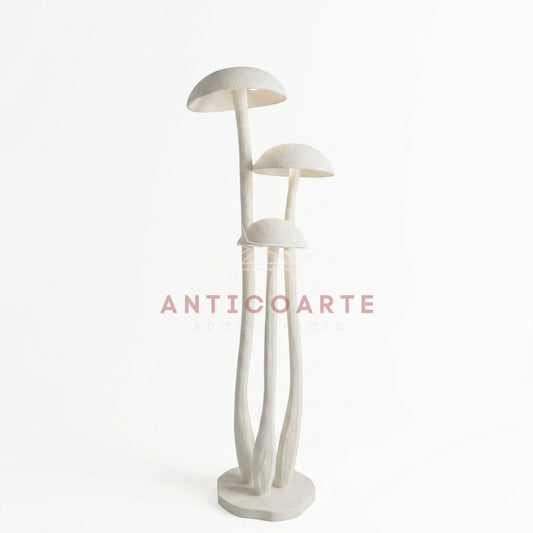 AnticoArte Mushroom Cluster Floor Lamp | Hand-Carved White Textured Wood Sculptural Standing Lamp | Organic Wabi-Sabi 3-Head Mushroom Floor Light for Living Room, Bedroom & Boutique Hotel Décor