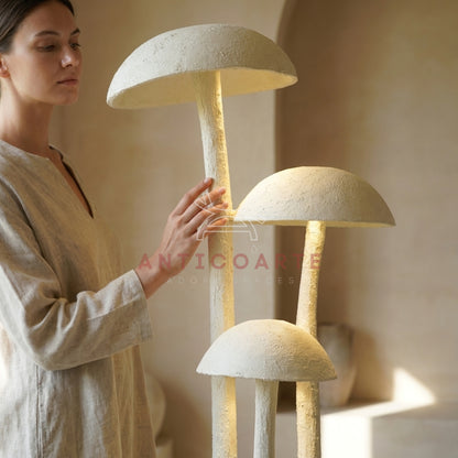AnticoArte Mushroom Cluster Floor Lamp | Hand-Carved White Textured Wood Sculptural Standing Lamp | Organic Wabi-Sabi 3-Head Mushroom Floor Light for Living Room, Bedroom & Boutique Hotel Décor
