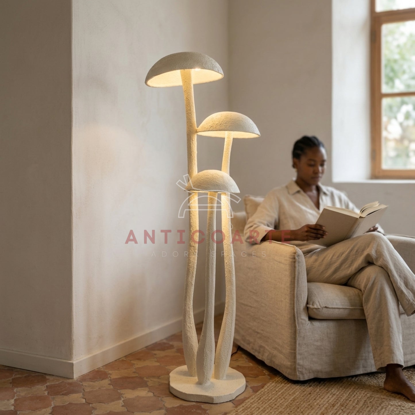 AnticoArte Mushroom Cluster Floor Lamp | Hand-Carved White Textured Wood Sculptural Standing Lamp | Organic Wabi-Sabi 3-Head Mushroom Floor Light for Living Room, Bedroom & Boutique Hotel Décor
