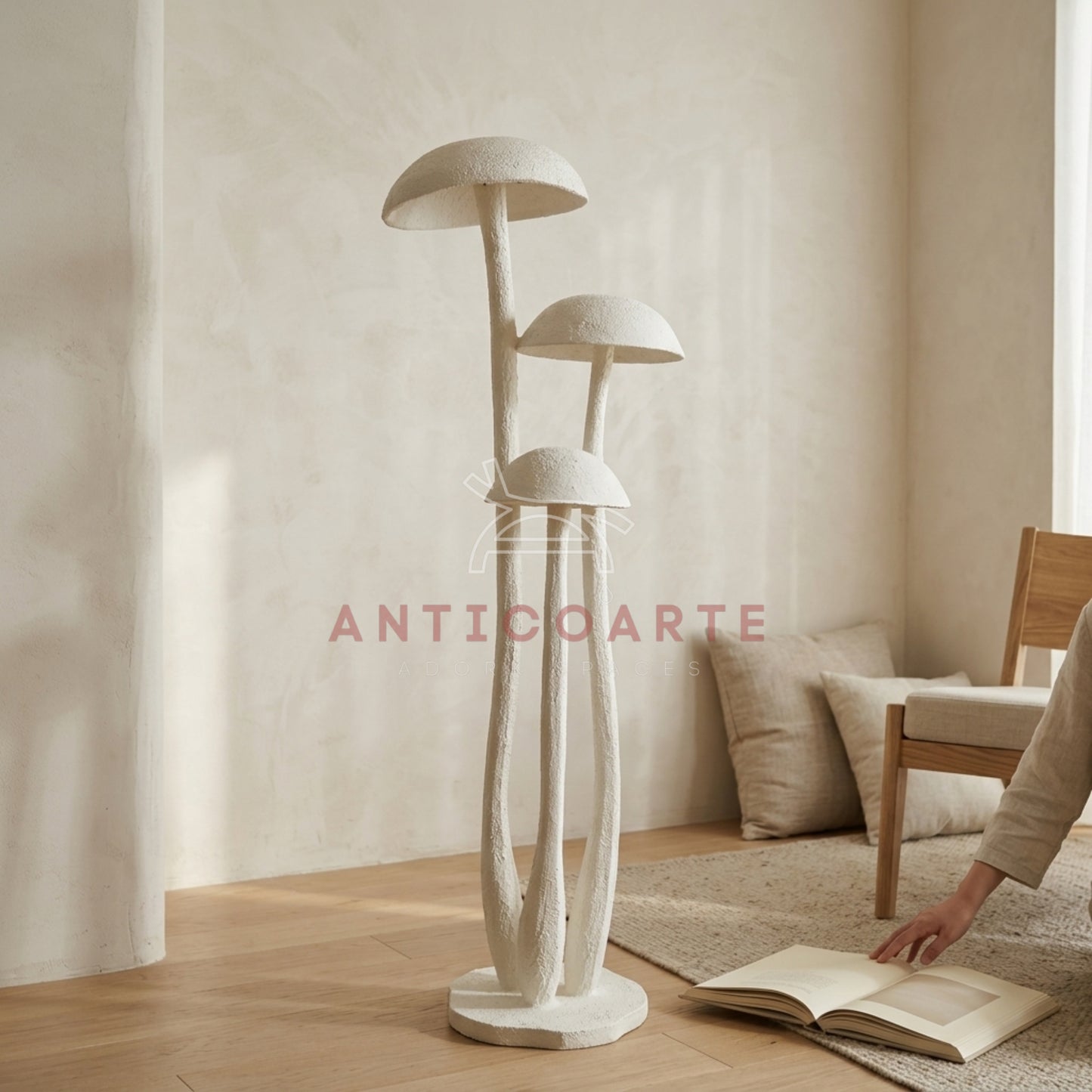 AnticoArte Mushroom Cluster Floor Lamp | Hand-Carved White Textured Wood Sculptural Standing Lamp | Organic Wabi-Sabi 3-Head Mushroom Floor Light for Living Room, Bedroom & Boutique Hotel Décor