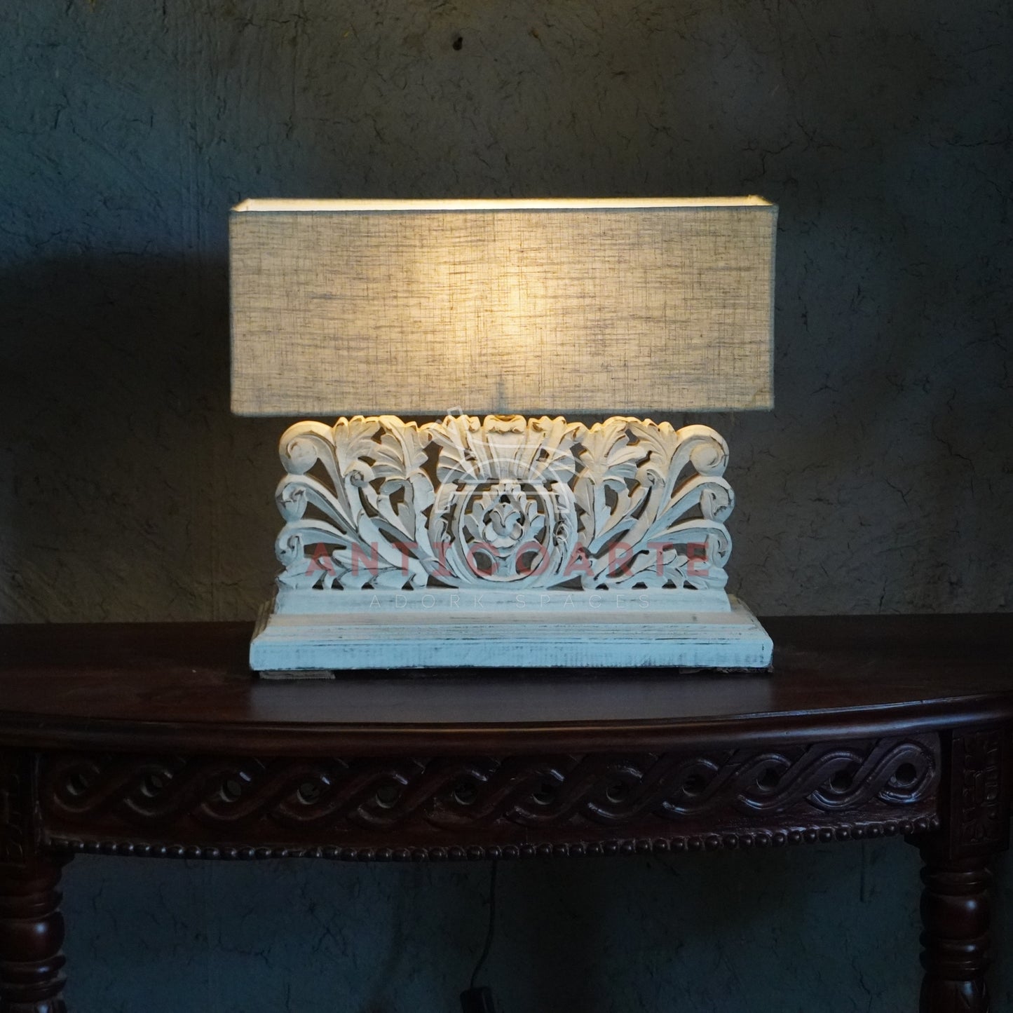 AnticoArte Hand-Carved Floral Scroll Wooden Table Lamp | Rectangular Natural Linen Shade | Distressed Whitewash Console Lamp for Vintage & Farmhouse Decor