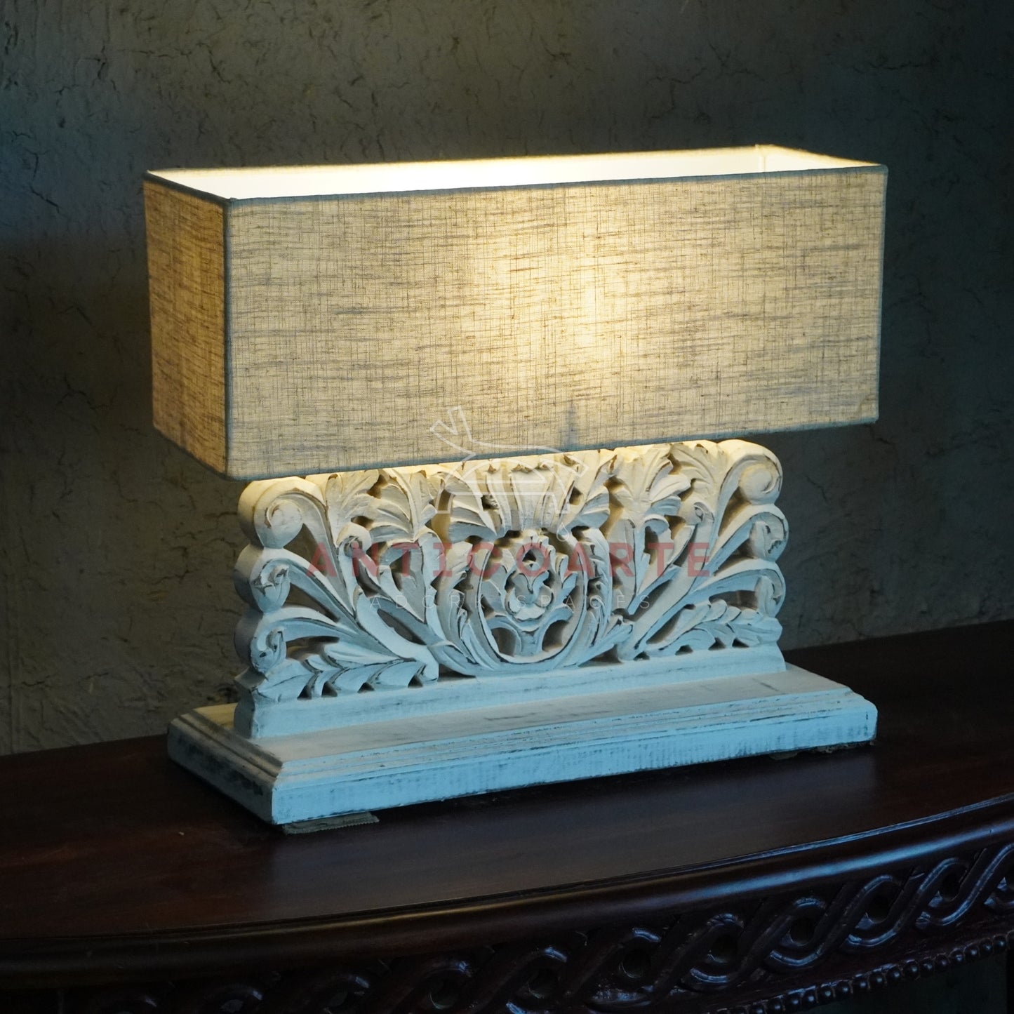 AnticoArte Hand-Carved Floral Scroll Wooden Table Lamp | Rectangular Natural Linen Shade | Distressed Whitewash Console Lamp for Vintage & Farmhouse Decor