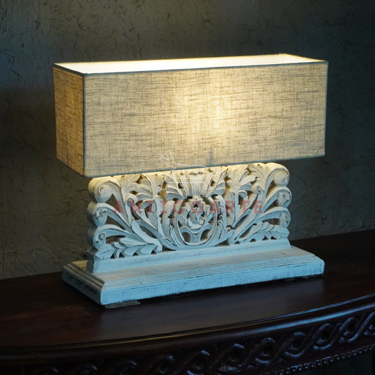 AnticoArte Hand-Carved Floral Scroll Wooden Table Lamp | Rectangular Natural Linen Shade | Distressed Whitewash Console Lamp for Vintage & Farmhouse Decor
