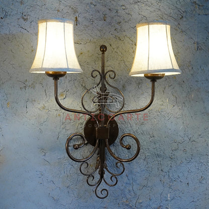 AnticoArte Victorian Twin Arm Wall Sconce | Bronze Wrought Iron Double Linen Shade Wall Lamp | Ornate Scroll Antique Wall Light for Home & Hotel Decor