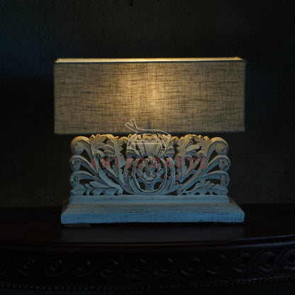 AnticoArte Hand-Carved Floral Scroll Wooden Table Lamp | Rectangular Natural Linen Shade | Distressed Whitewash Console Lamp for Vintage & Farmhouse Decor