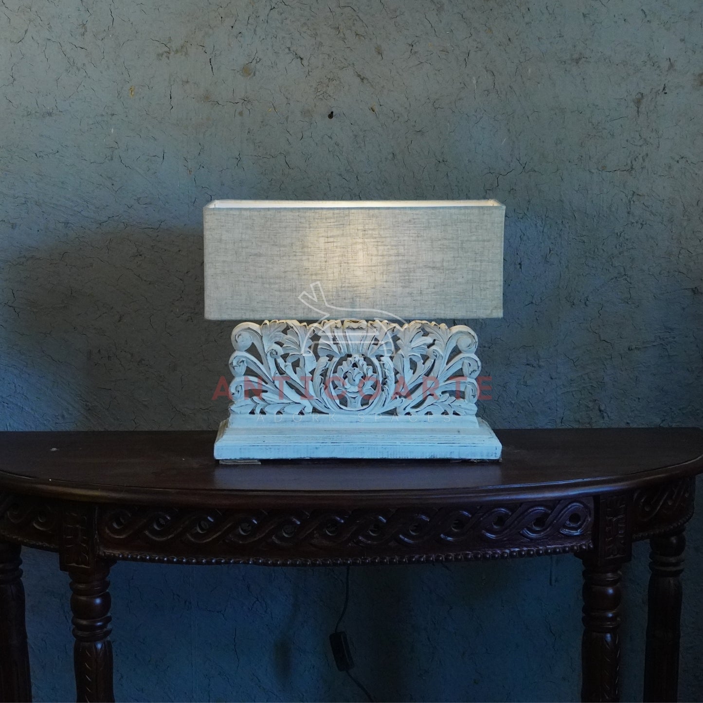 AnticoArte Hand-Carved Floral Scroll Wooden Table Lamp | Rectangular Natural Linen Shade | Distressed Whitewash Console Lamp for Vintage & Farmhouse Decor