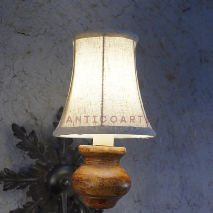 AnticoArte Acanthus Leaf Wall Sconce | Mango Wood & Wrought Iron Single Arm Wall Lamp | Botanical Antique Wall Light with Linen Shade for Home & Hotel Decor