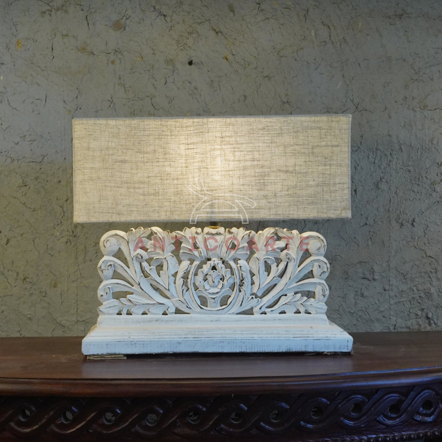 AnticoArte Hand-Carved Floral Scroll Wooden Table Lamp | Rectangular Natural Linen Shade | Distressed Whitewash Console Lamp for Vintage & Farmhouse Decor