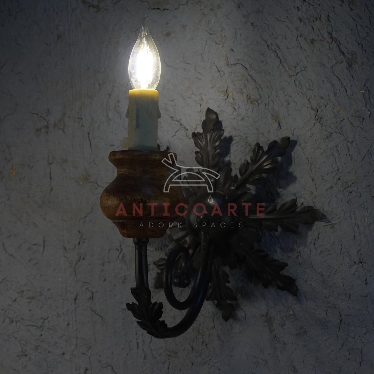 AnticoArte Acanthus Leaf Wall Sconce | Mango Wood & Wrought Iron Single Arm Wall Lamp | Botanical Antique Wall Light with Linen Shade for Home & Hotel Decor