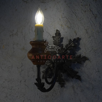 AnticoArte Acanthus Leaf Wall Sconce | Mango Wood & Wrought Iron Single Arm Wall Lamp | Botanical Antique Wall Light with Linen Shade for Home & Hotel Decor
