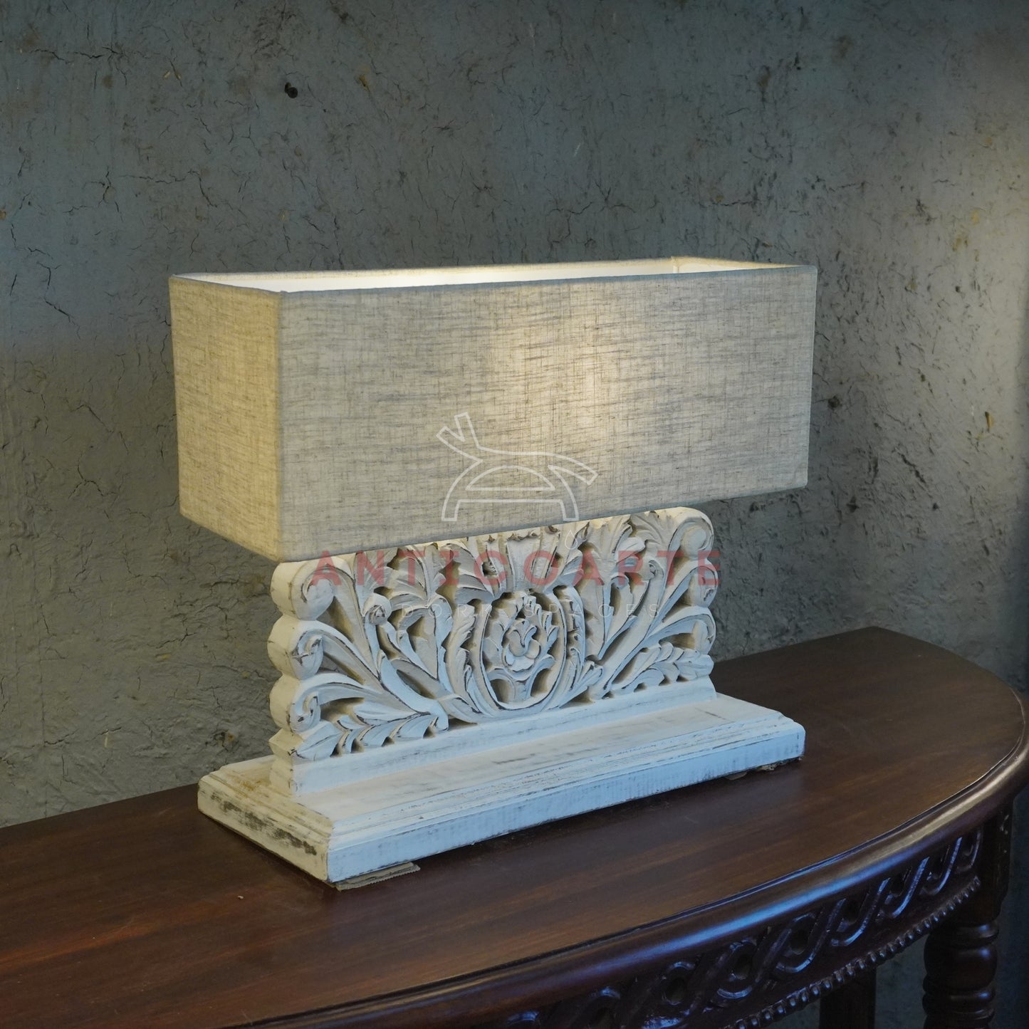 AnticoArte Hand-Carved Floral Scroll Wooden Table Lamp | Rectangular Natural Linen Shade | Distressed Whitewash Console Lamp for Vintage & Farmhouse Decor