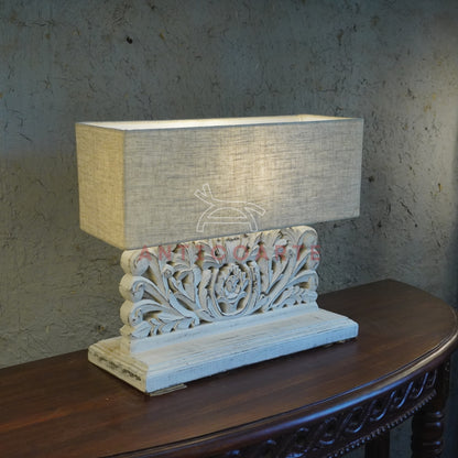 AnticoArte Hand-Carved Floral Scroll Wooden Table Lamp | Rectangular Natural Linen Shade | Distressed Whitewash Console Lamp for Vintage & Farmhouse Decor