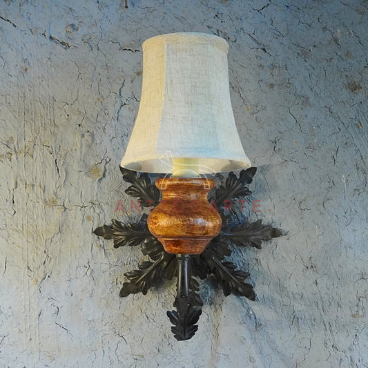 AnticoArte Acanthus Leaf Wall Sconce | Mango Wood & Wrought Iron Single Arm Wall Lamp | Botanical Antique Wall Light with Linen Shade for Home & Hotel Decor