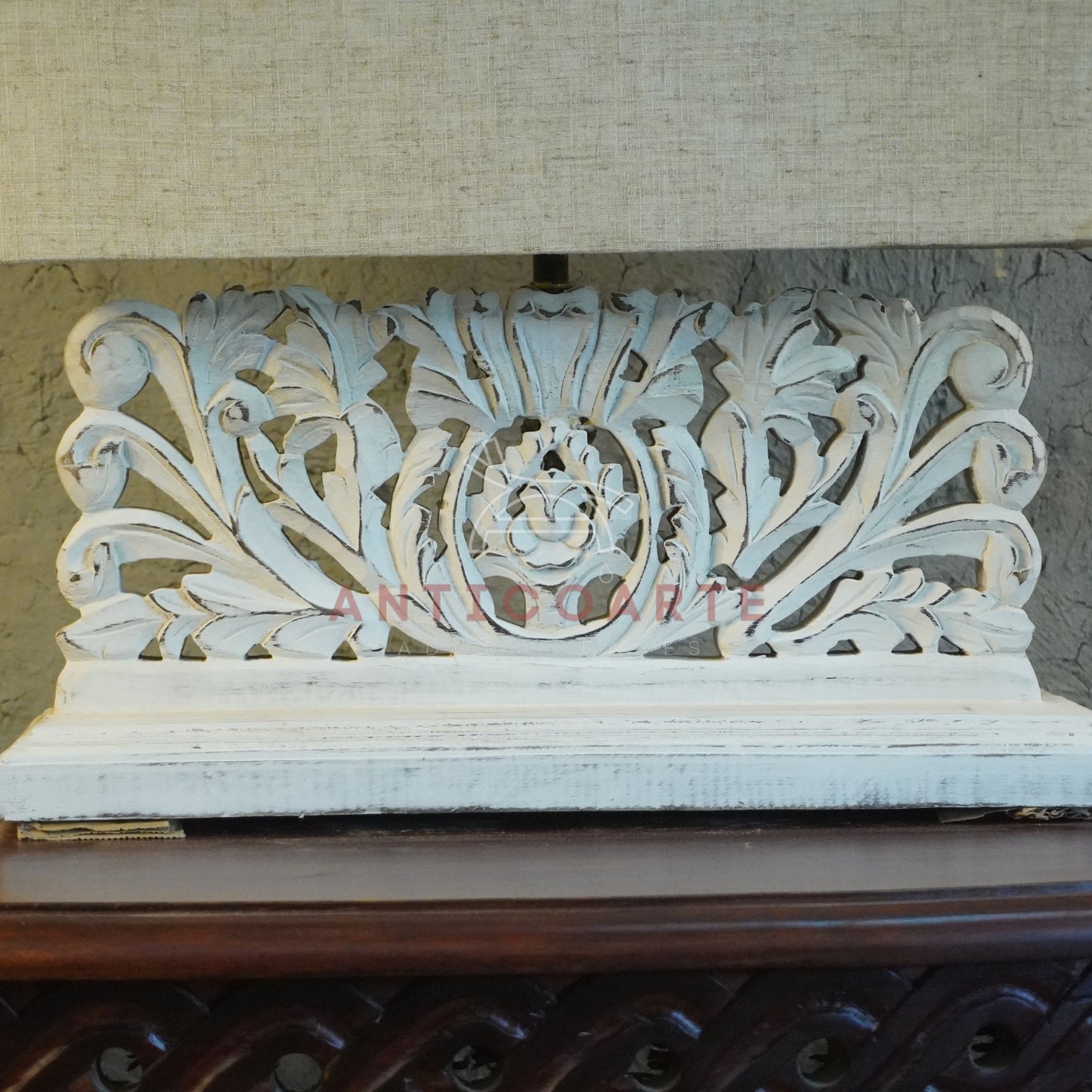 AnticoArte Hand-Carved Floral Scroll Wooden Table Lamp | Rectangular Natural Linen Shade | Distressed Whitewash Console Lamp for Vintage & Farmhouse Decor