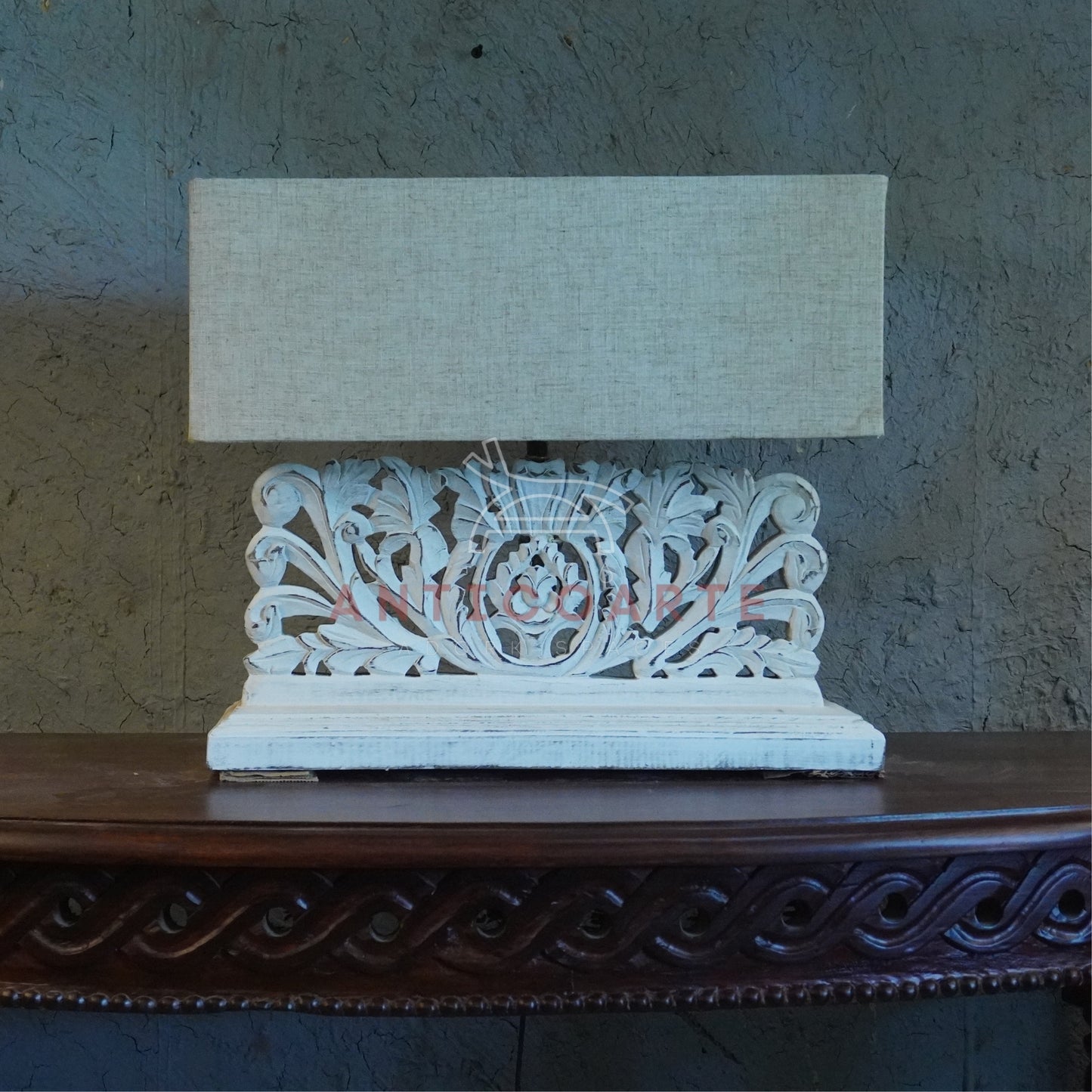 AnticoArte Hand-Carved Floral Scroll Wooden Table Lamp | Rectangular Natural Linen Shade | Distressed Whitewash Console Lamp for Vintage & Farmhouse Decor