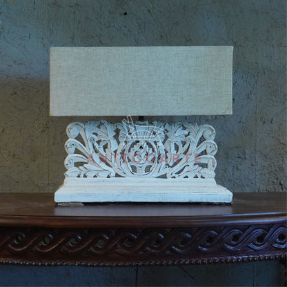 AnticoArte Hand-Carved Floral Scroll Wooden Table Lamp | Rectangular Natural Linen Shade | Distressed Whitewash Console Lamp for Vintage & Farmhouse Decor