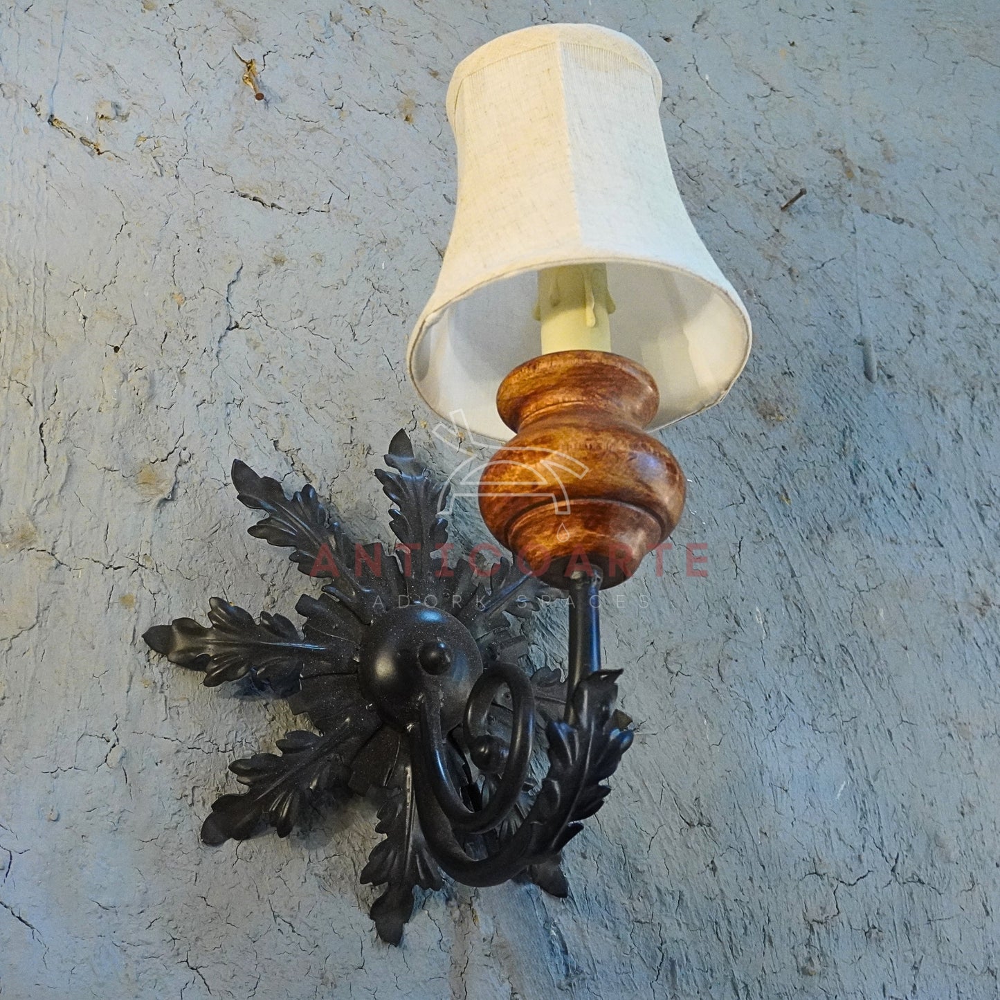AnticoArte Acanthus Leaf Wall Sconce | Mango Wood & Wrought Iron Single Arm Wall Lamp | Botanical Antique Wall Light with Linen Shade for Home & Hotel Decor